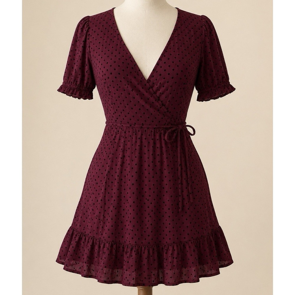 Blue Rain Burgundy/Black Polka Dot Wrap Dress V-Neck Puff Sleeve Ruffle S